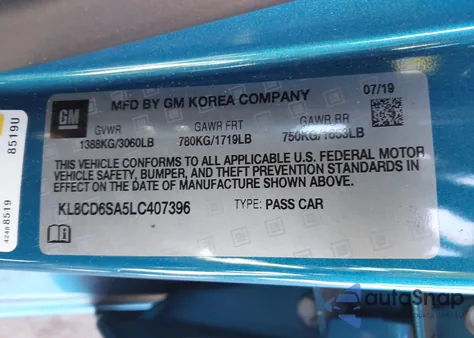 2020 Chevrolet Spark Fwd 1Lt Automatic z USA, uszkodzony, nr VIN KL8CD6SA5LC407396